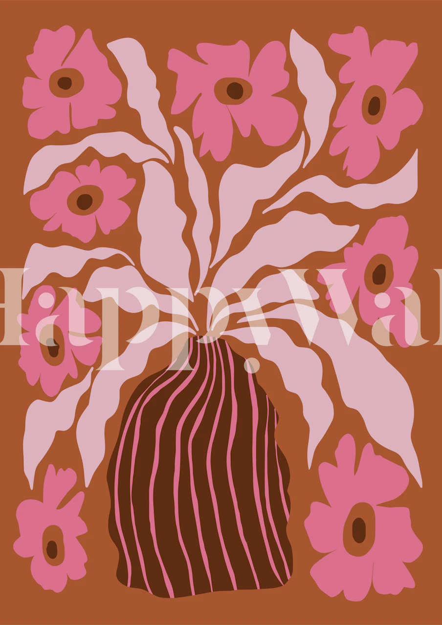 Mid-century pink floral wallpaper in a room