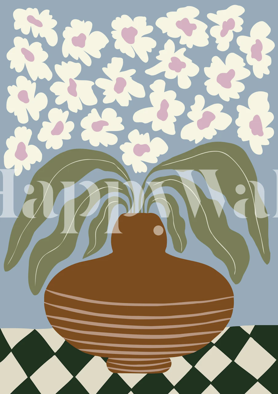 Retro flower pot wallpaper in a styled room