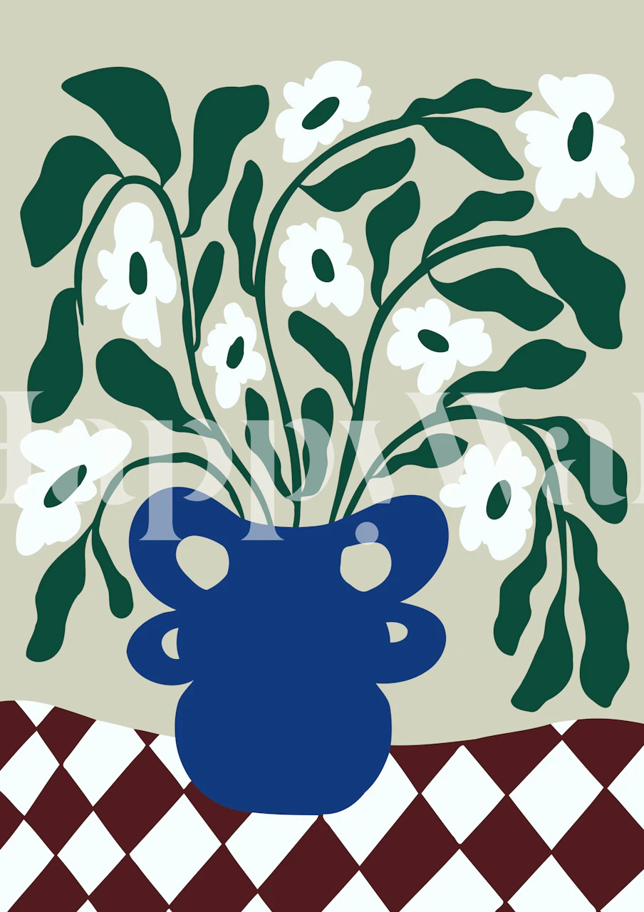 Floral vase wallpaper in room with blue pottery