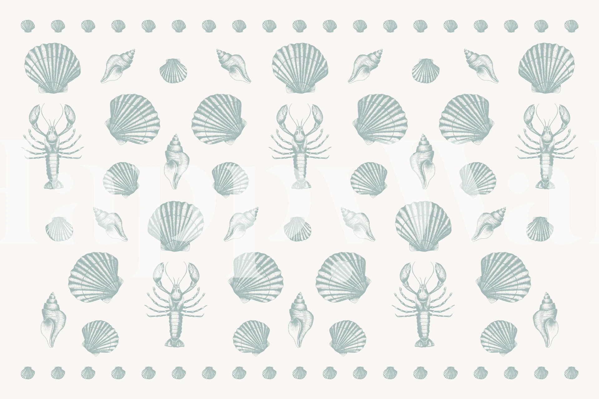 Soft blue shell and lobster wallpaper in room