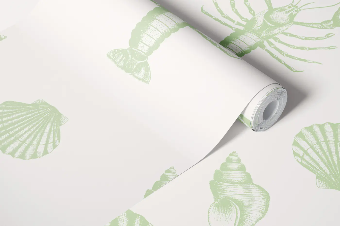 Coastal shells and lobsters - light green wallpaper roll
