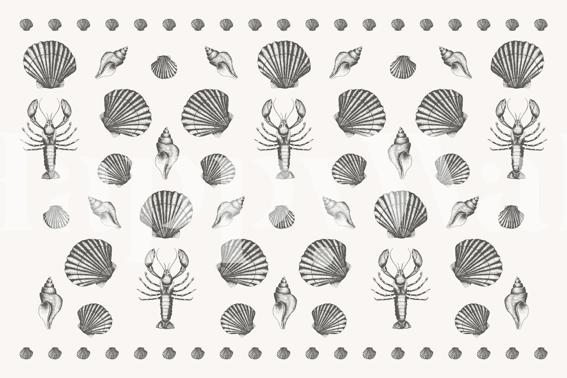 Gray coastal shell and lobster wallpaper in a room