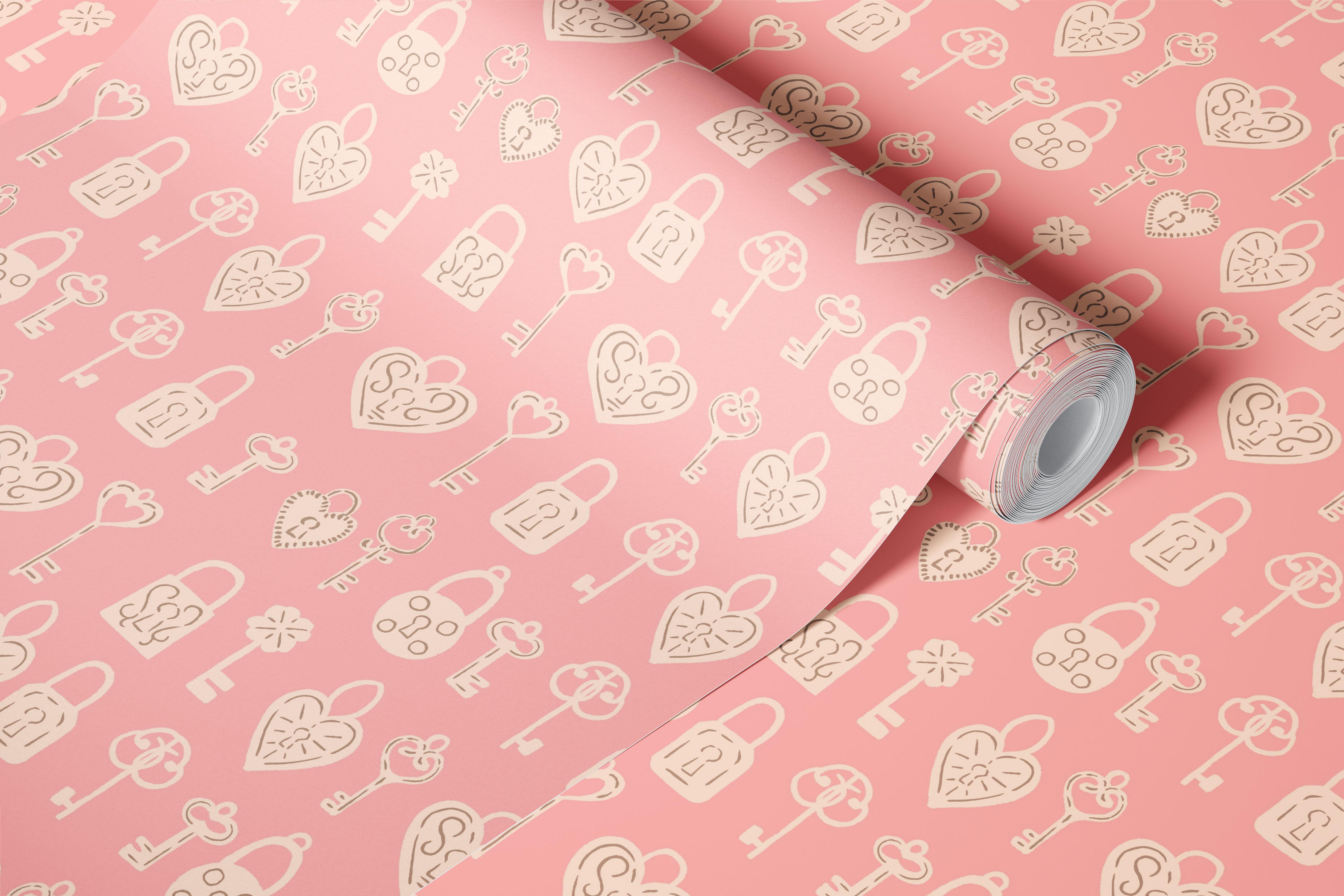 Pink room with vintage keys and locks wallpaper