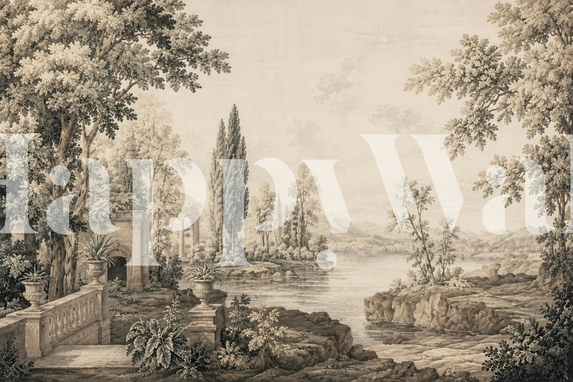 Sepia garden lake wallpaper in a living room