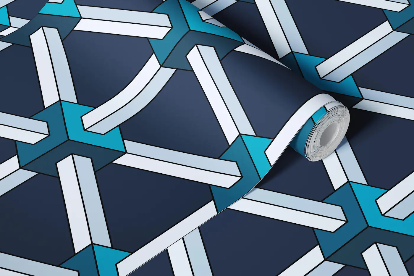 3D cube connections - teal blue navy - M wallpaper roll