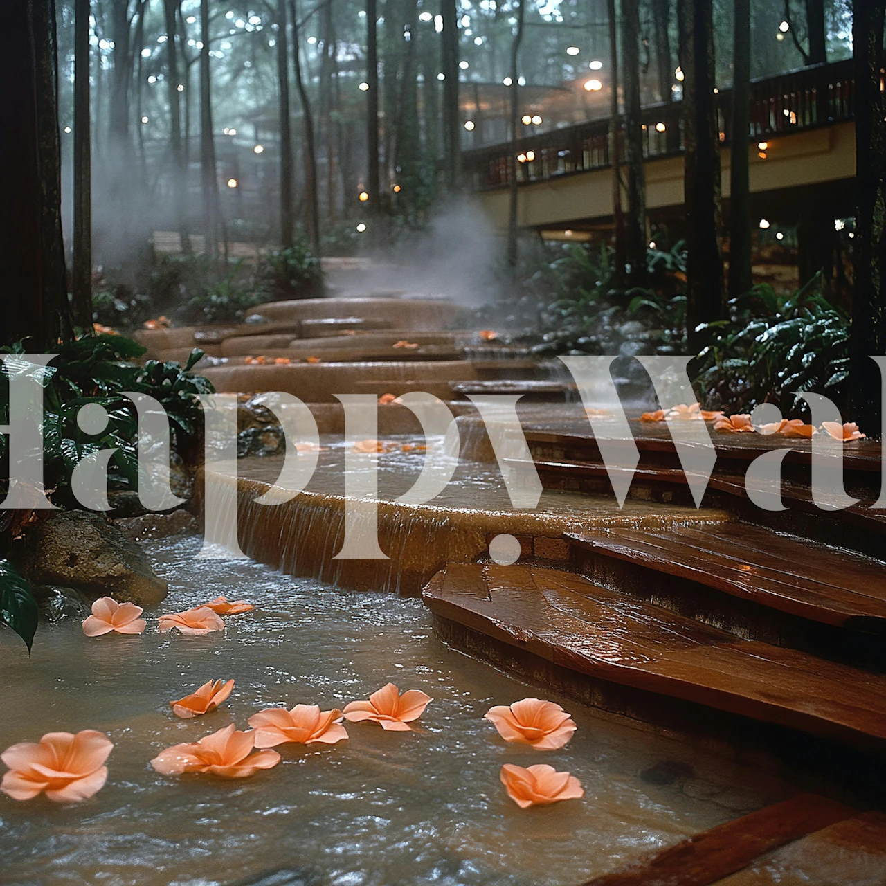 Tropical spa wallpaper in a misty forest room