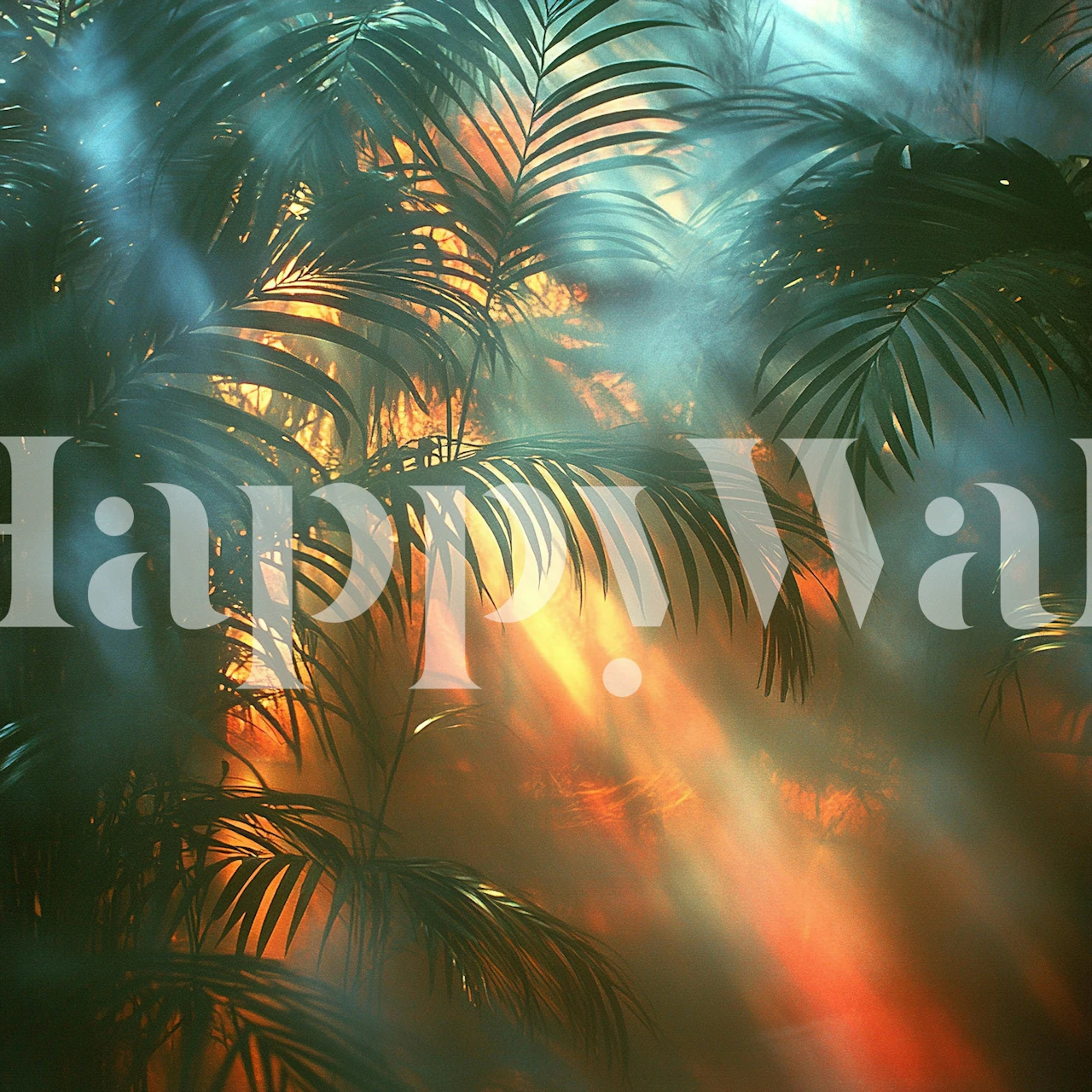Palm forest wallpaper in a room with sunbeams