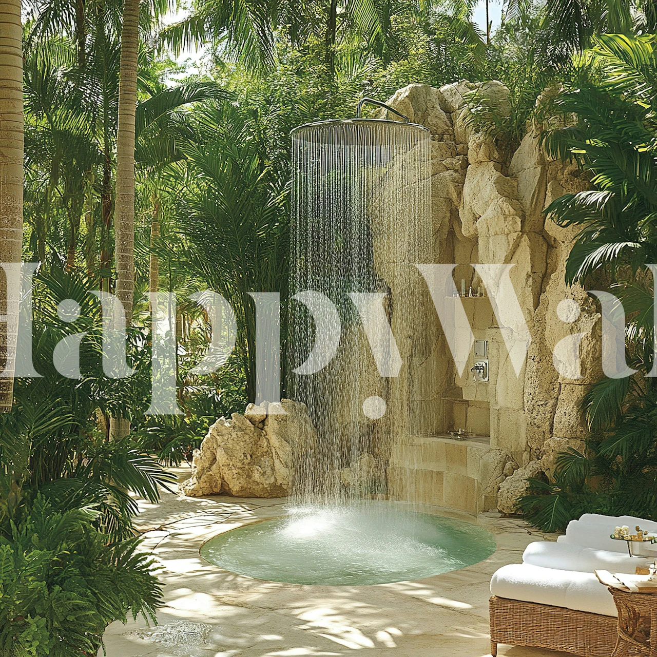 Tropical rain shower wallpaper in a lush room