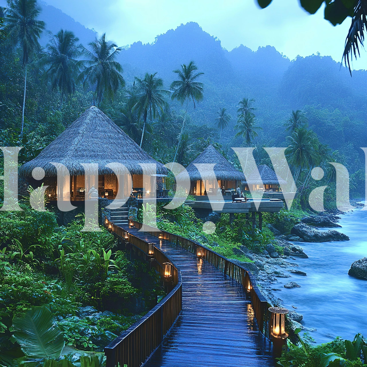 Tropical resort wallpaper in a coastal room