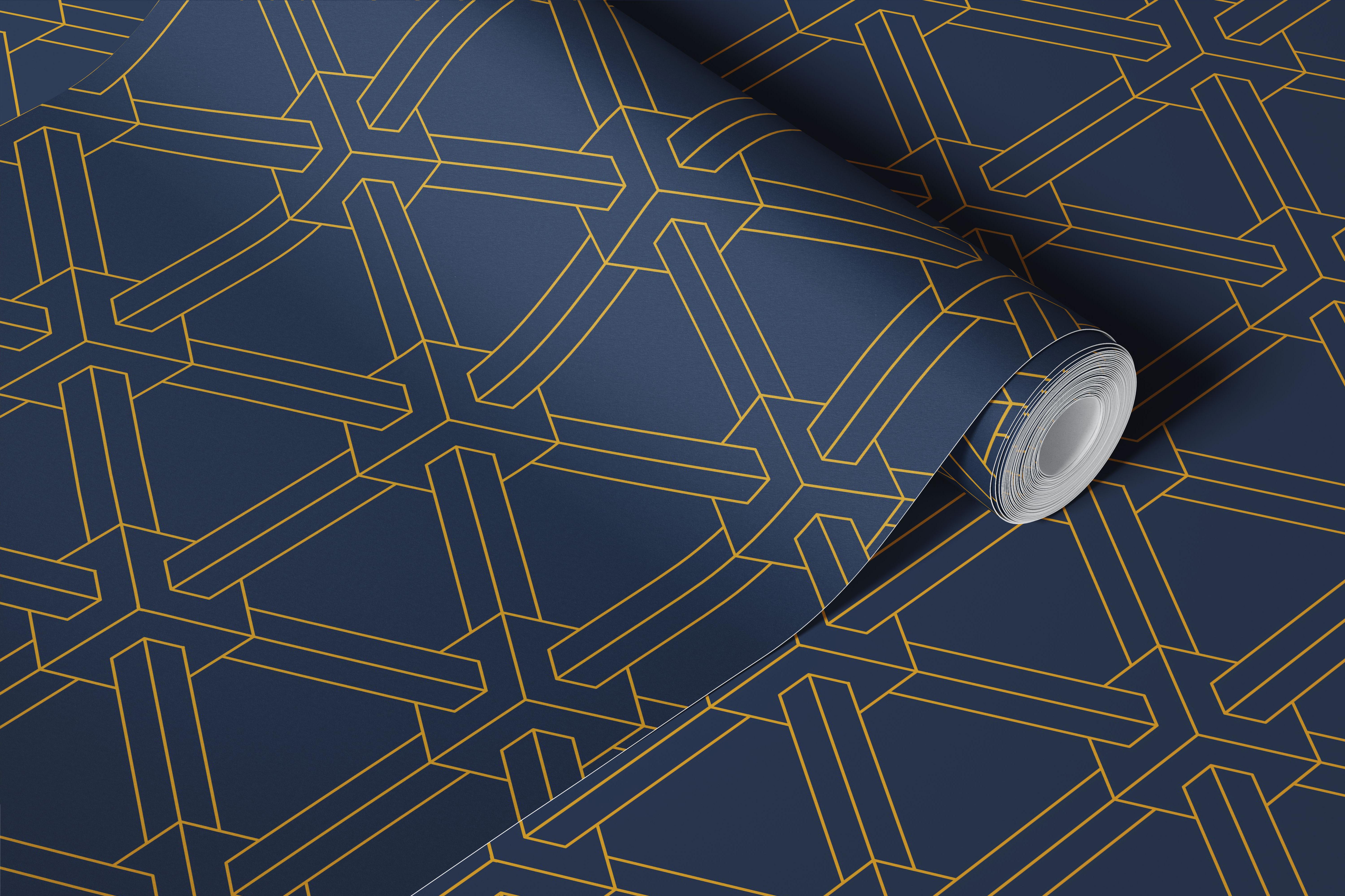 Gold and navy cube wallpaper in a modern room