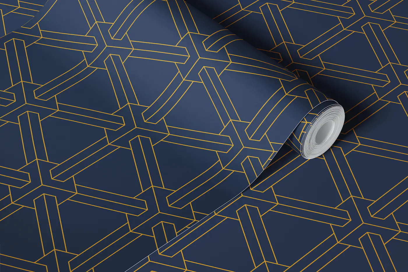 Optical illusion cubes - gold on navy - S wallpaper roll