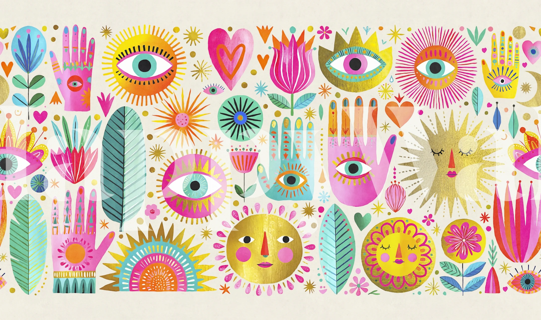 Boho sun and eye wallpaper in a colorful room