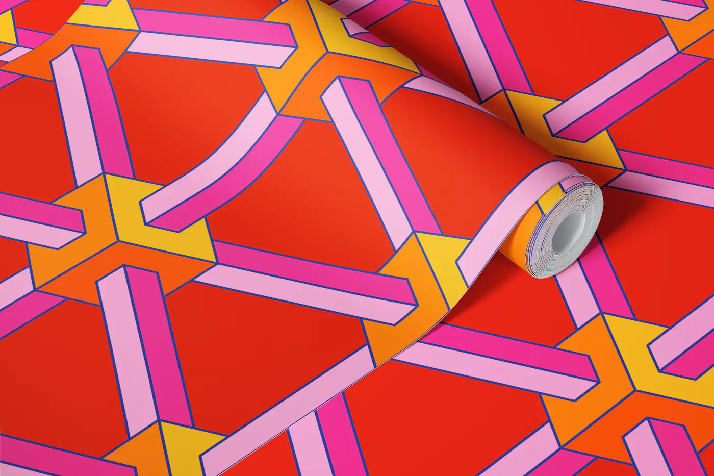 3D cube connections - Hot pink orange red - M wallpaper roll
