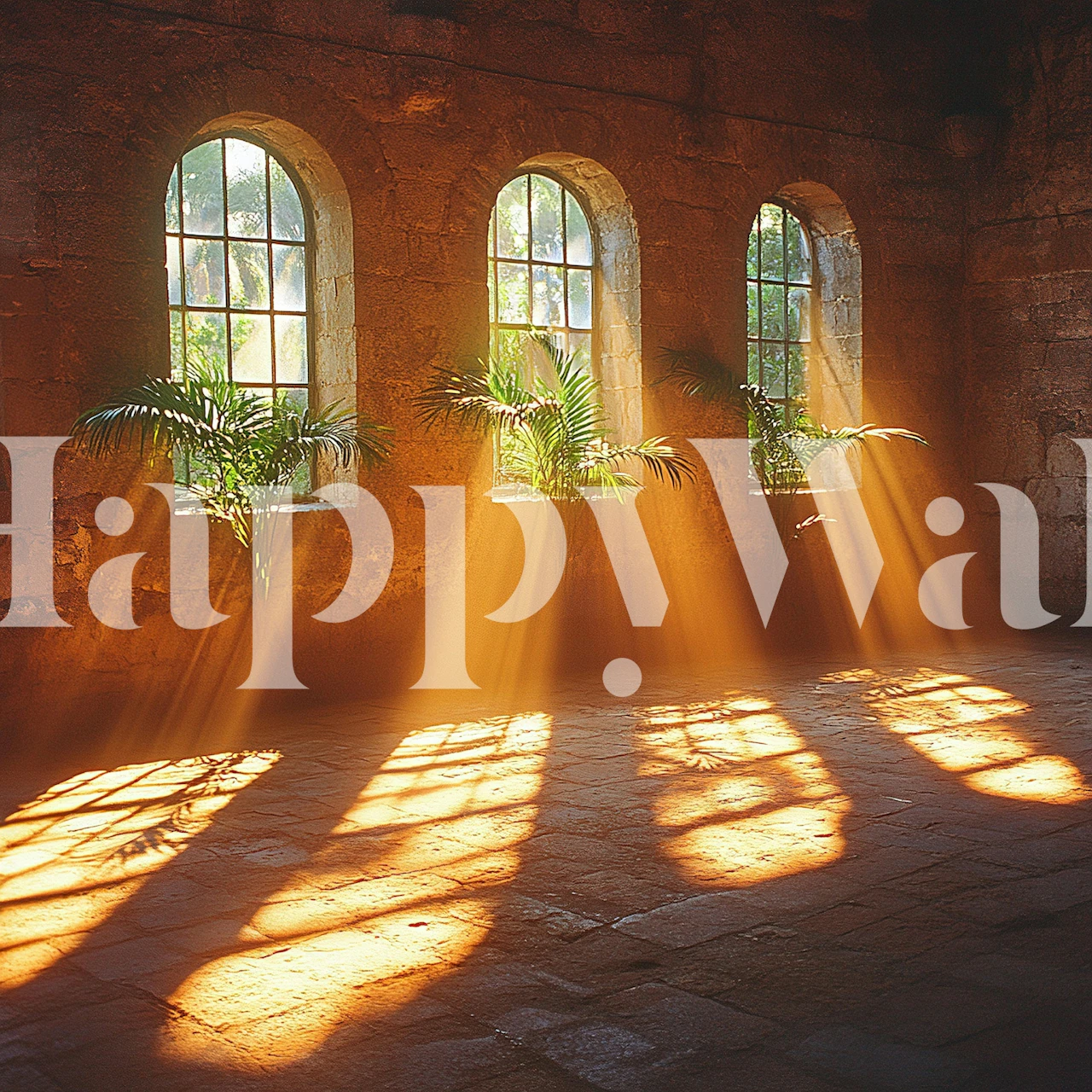 Arched window wallpaper with golden sun rays
