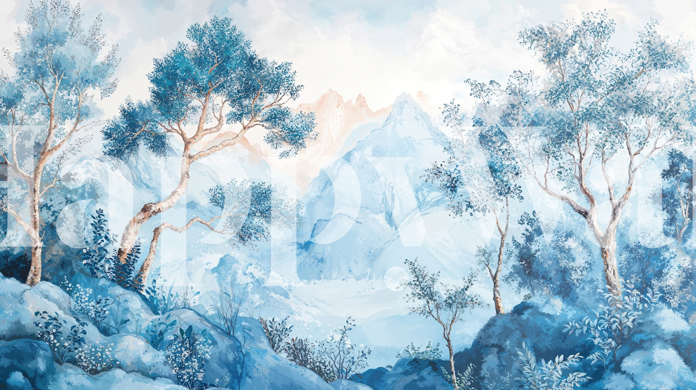Misty blue mountain forest wallpaper in a room