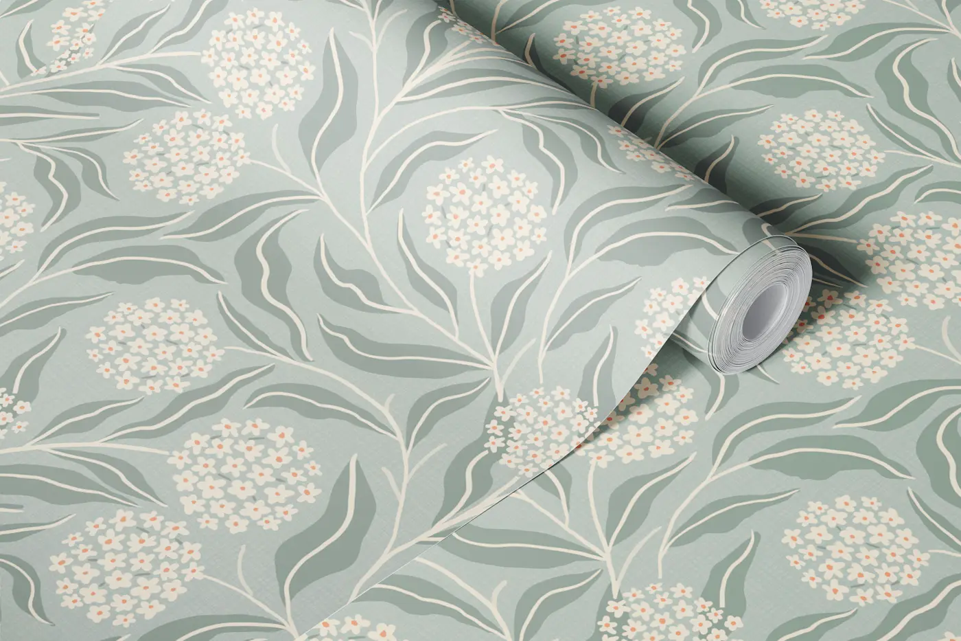Vintage Trailing Hydrangea Floral - Soft Sage wallpaper roll