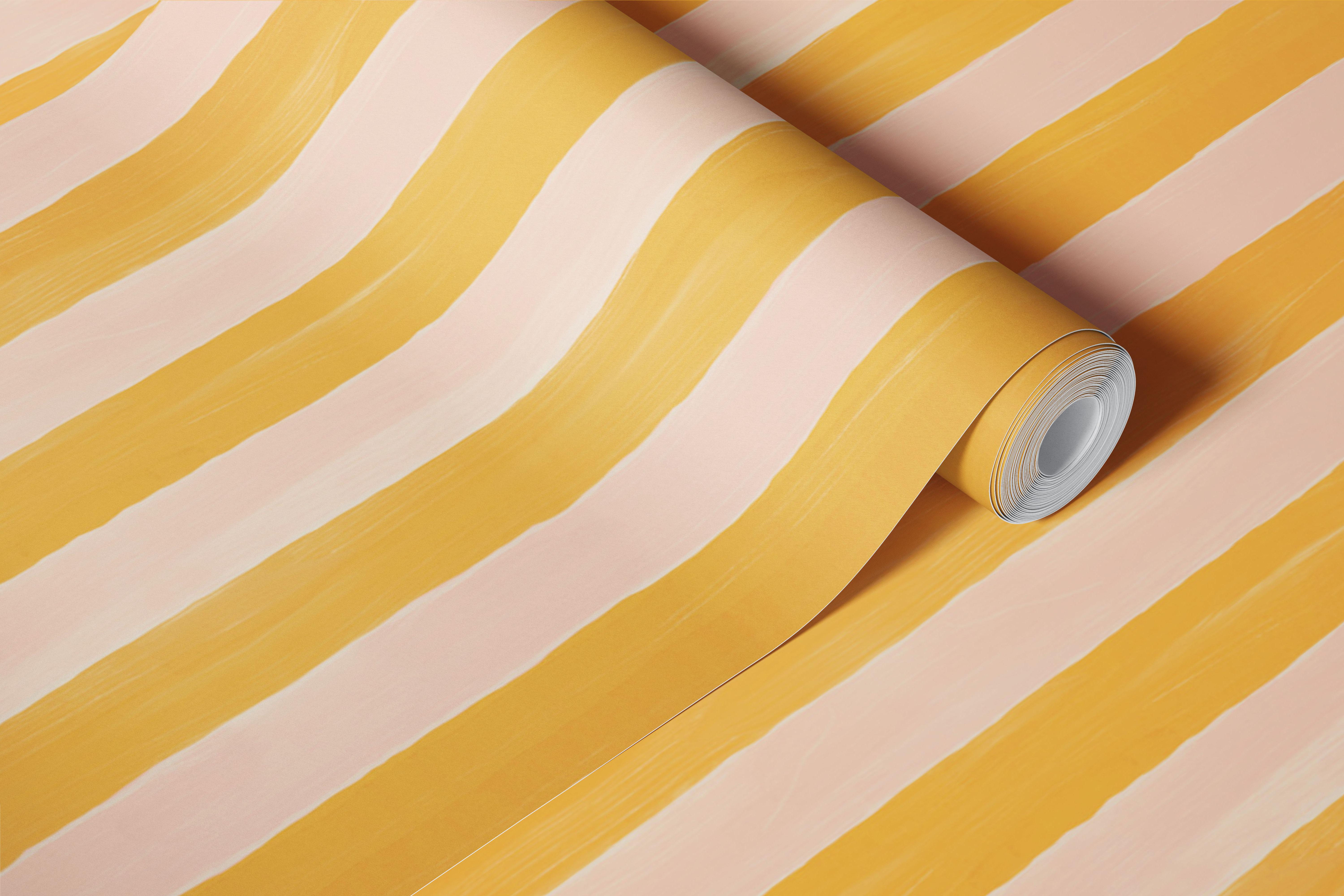 Yellow and pink striped wallpaper in a room