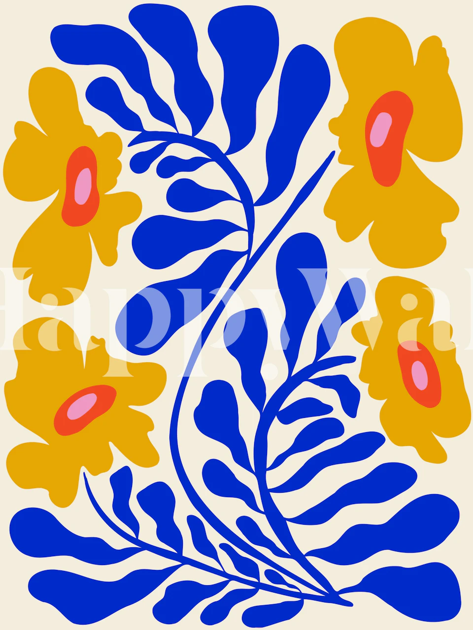 Blue and yellow floral wallpaper in a room