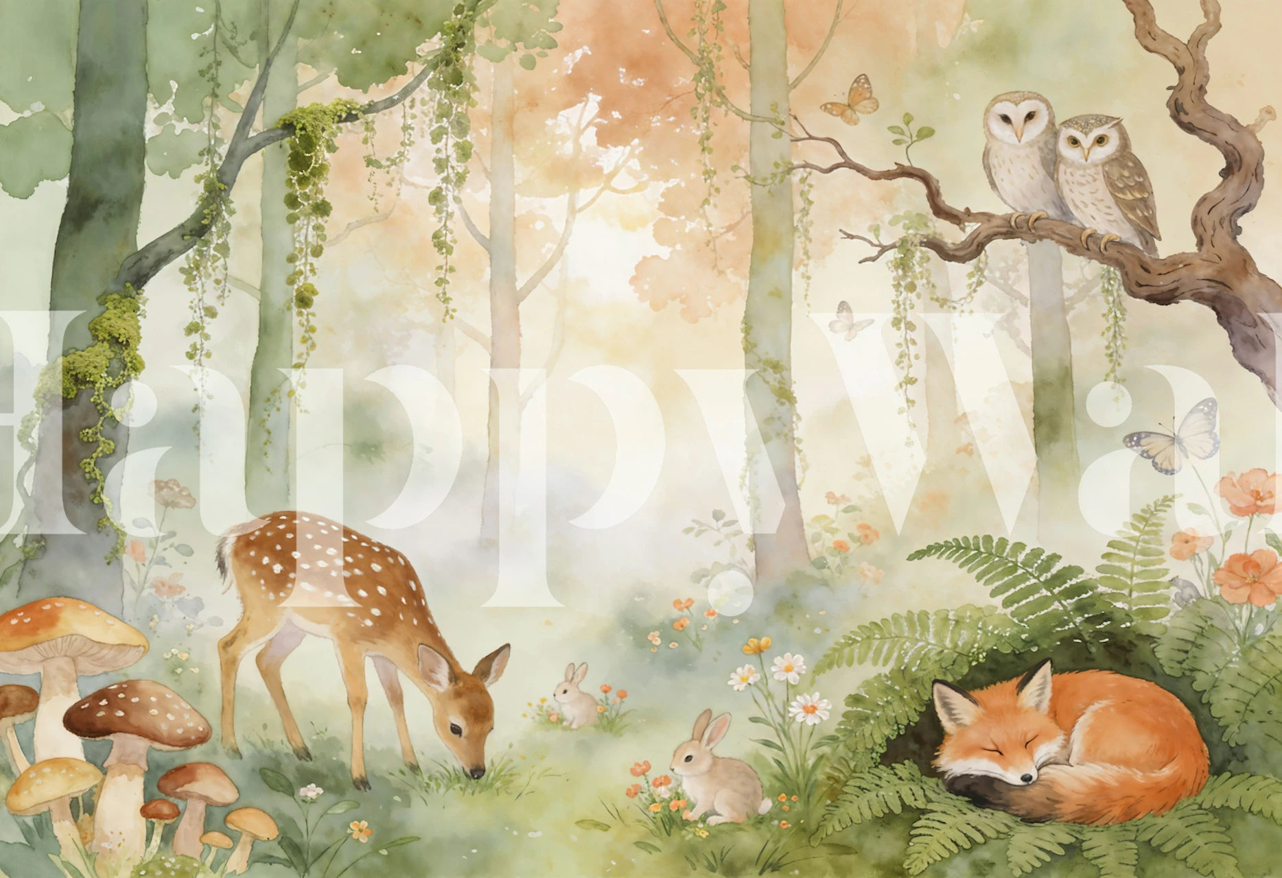 Woodland animal wallpaper in a soft nursery room