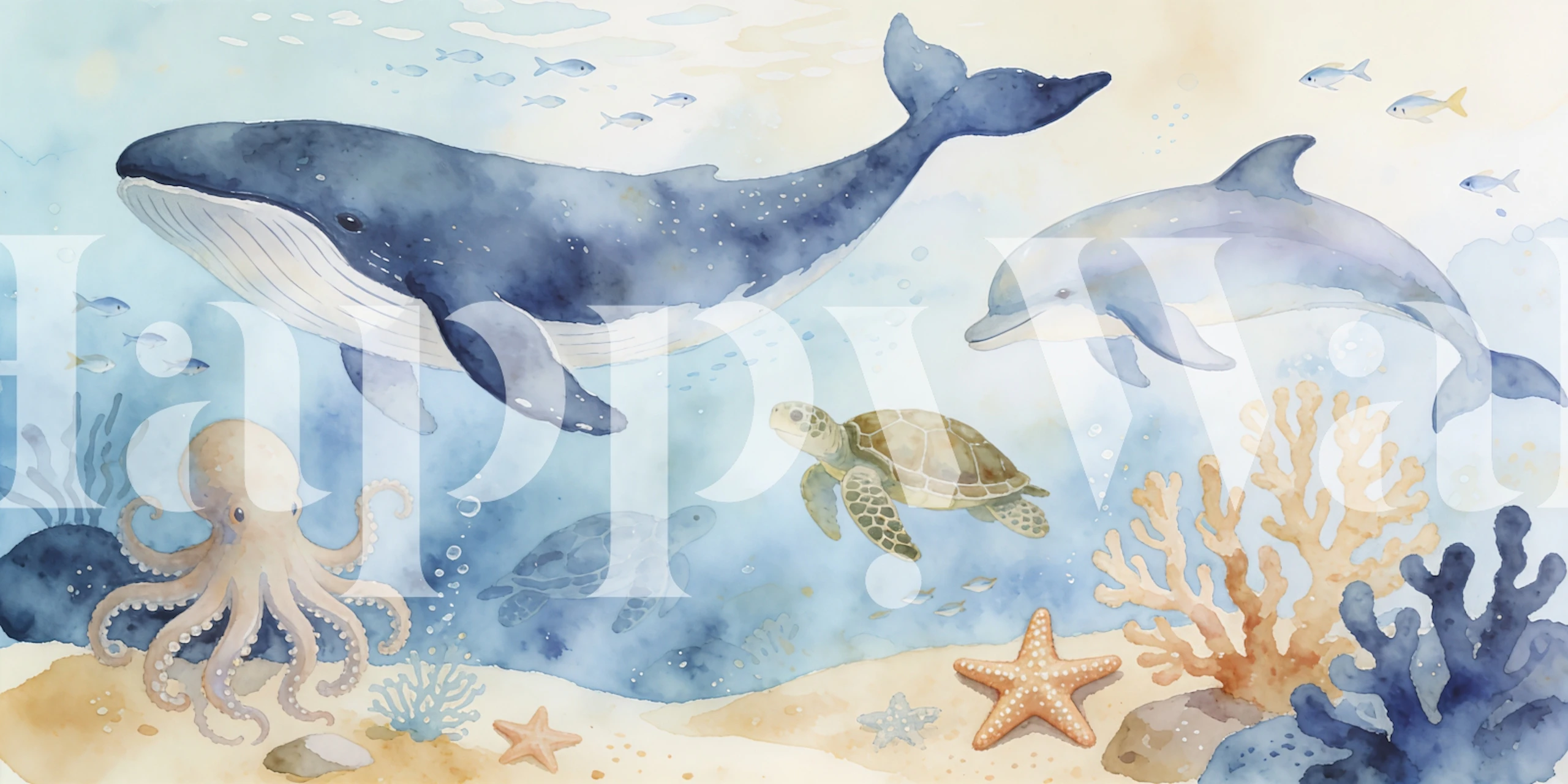 Ocean animals wallpaper in a kids room