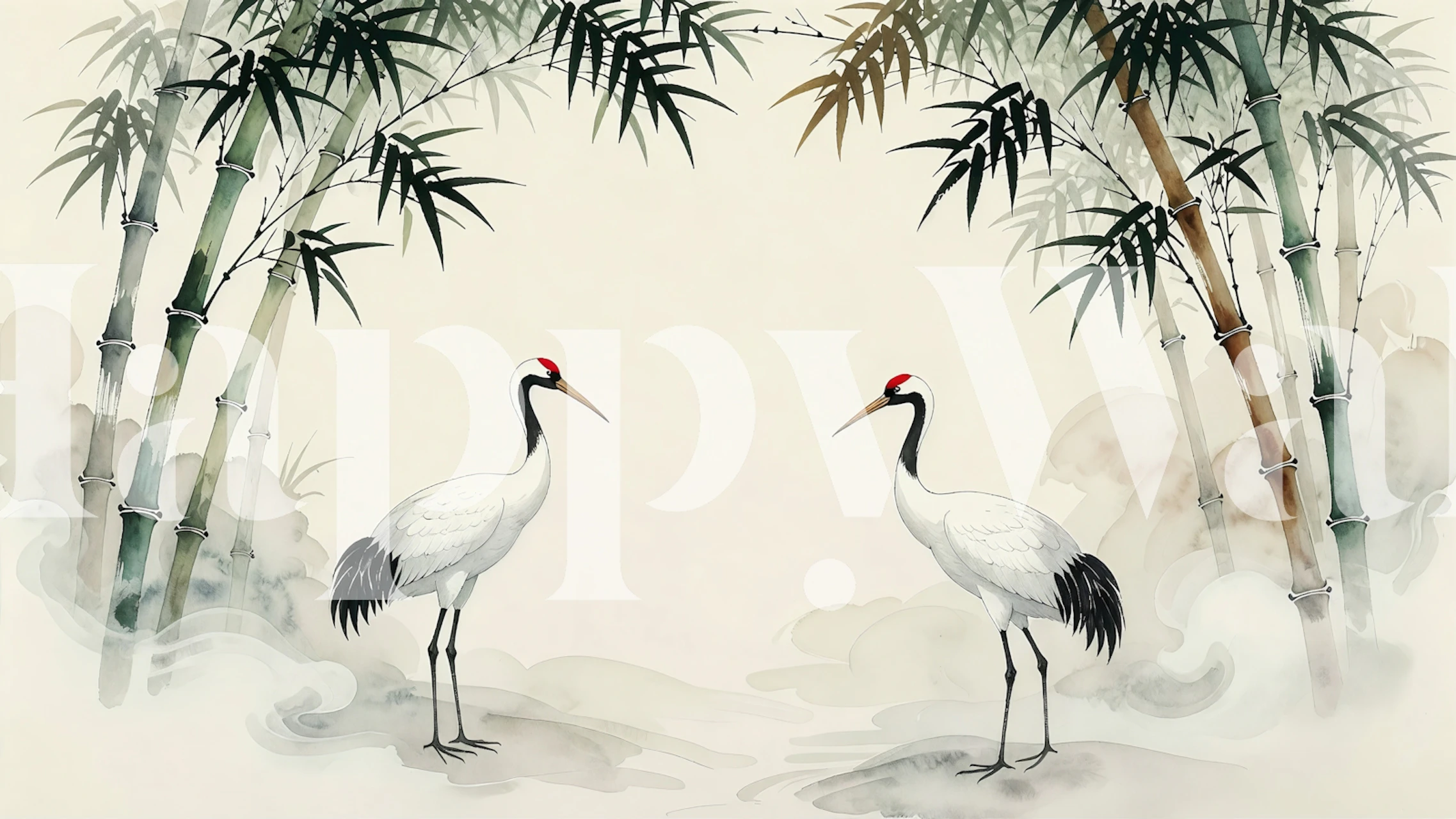 Japanese ink crane wallpaper in a room