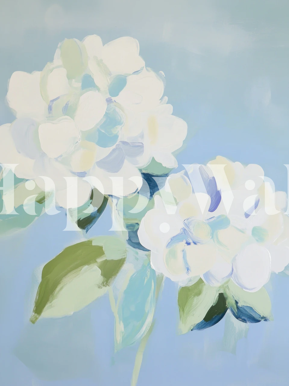 Soft white hydrangeas wallpaper in a blue room