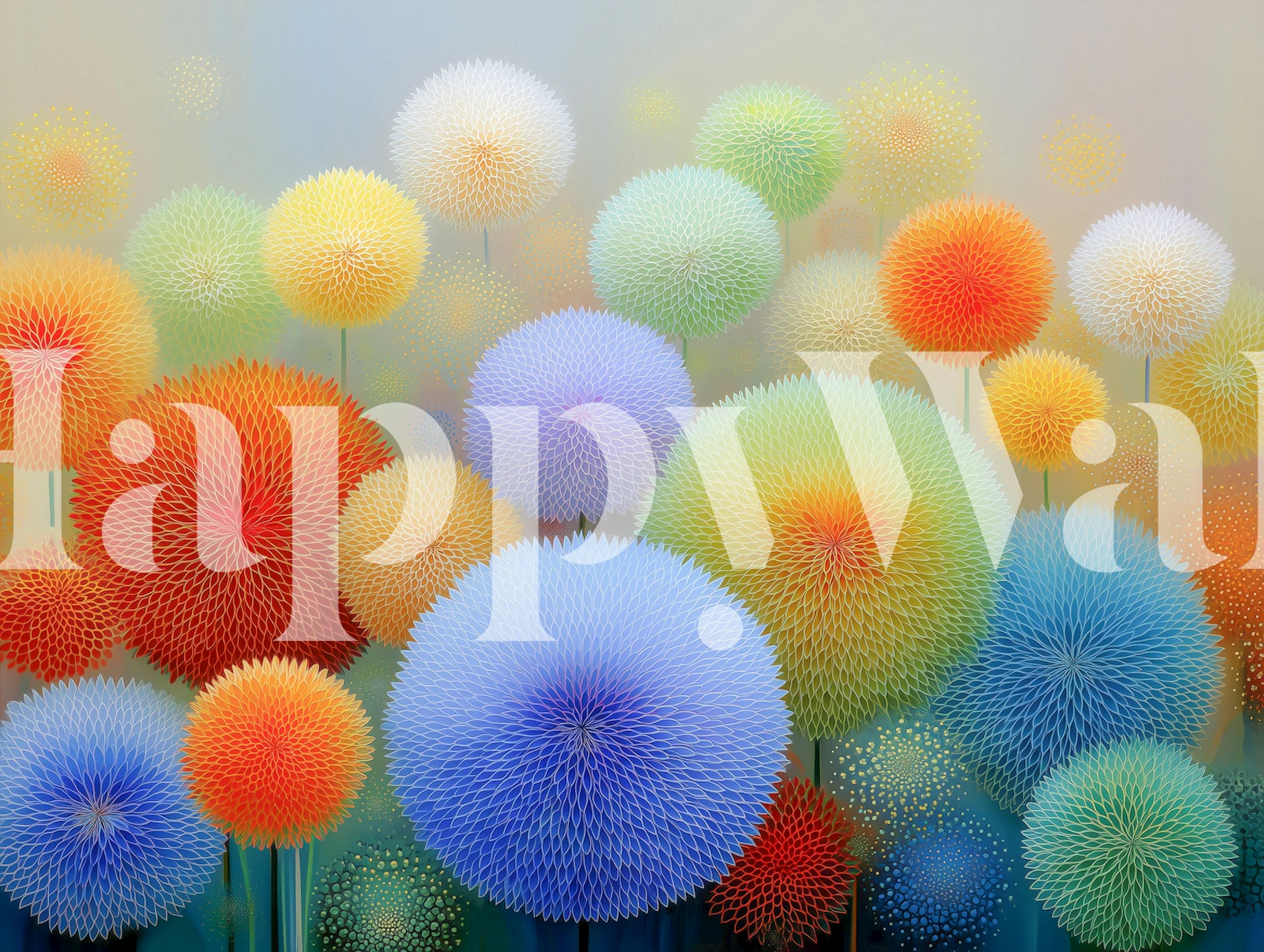 Colorful pom pom flower wallpaper in a room