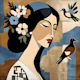 Elegant Woman With Birds and Flowers