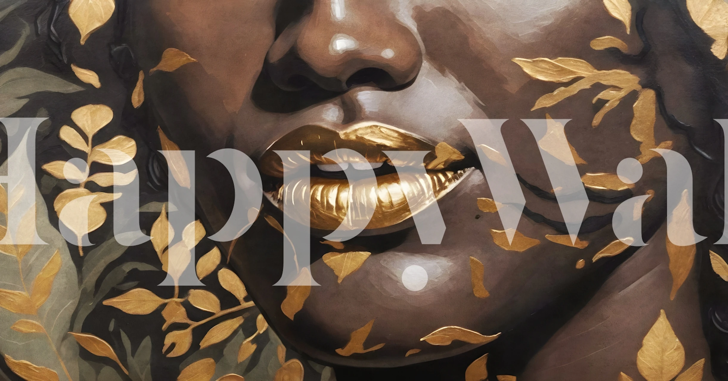 Golden lips portrait wallpaper in a modern room
