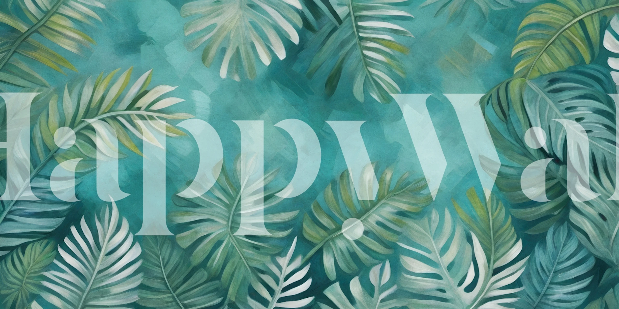 Teal tropical leaf wallpaper in a room