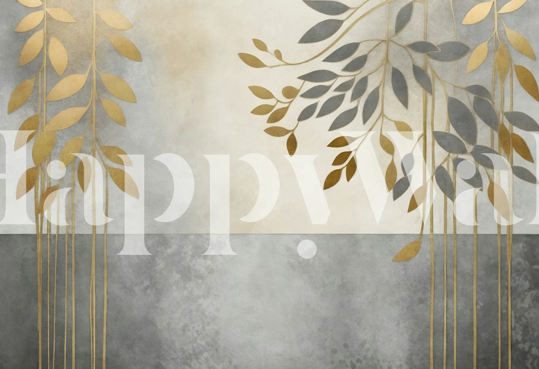 Gold leaf canopy wallpaper in a gray room
