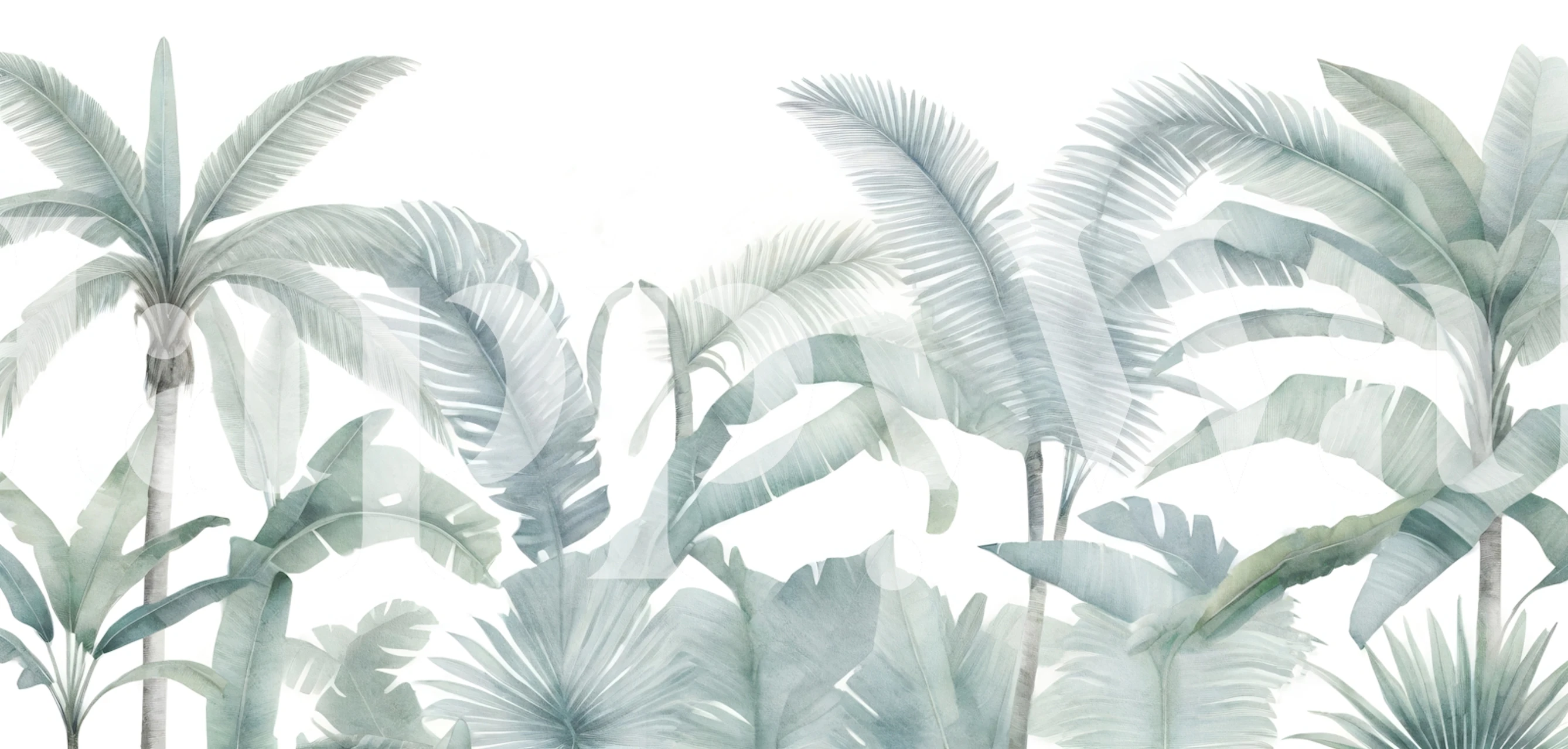 Misty tropical palm leaf wallpaper in a room