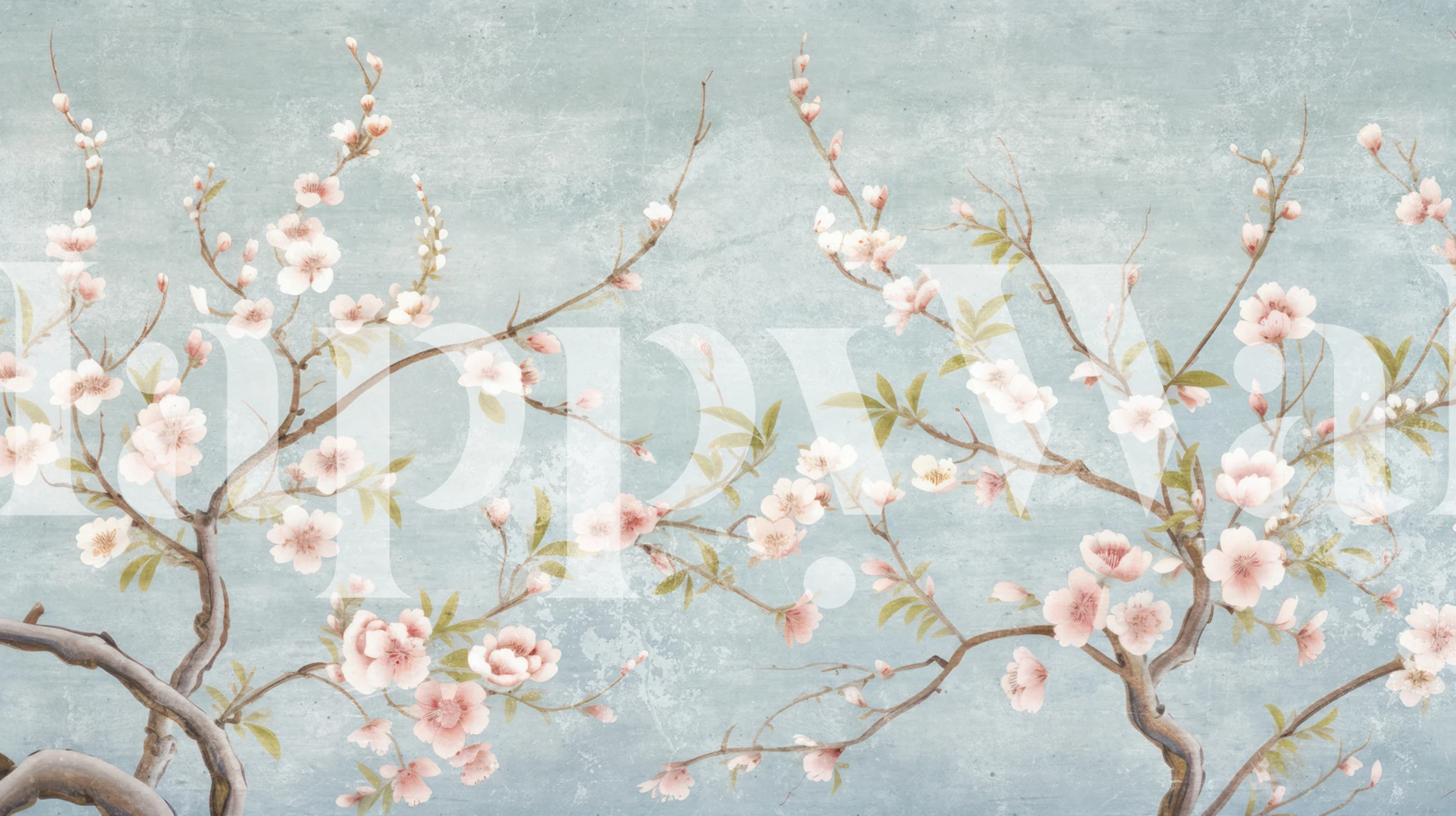 Cherry blossom wallpaper in a blue room