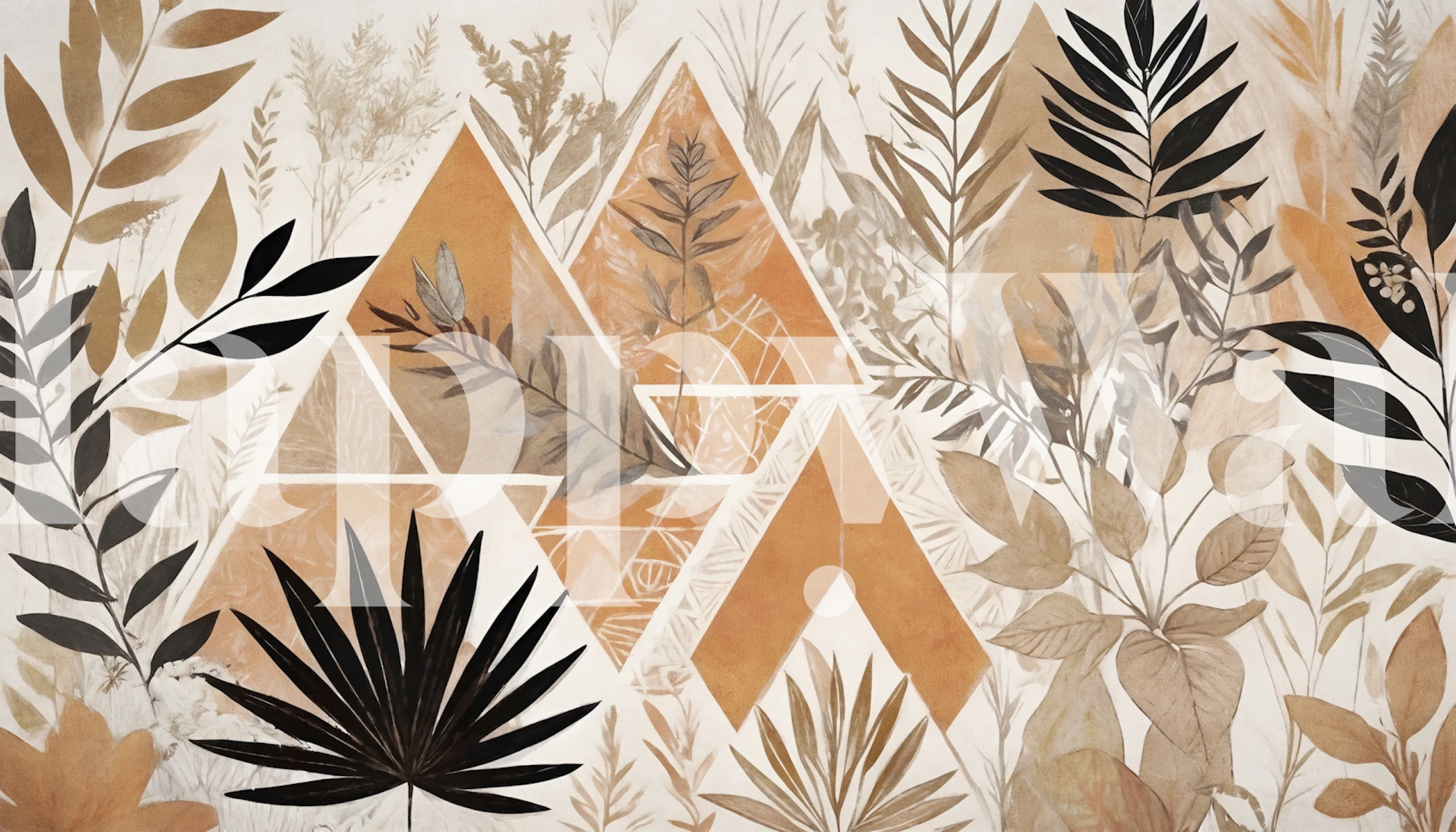 Boho botanical leaf wallpaper in a neutral room