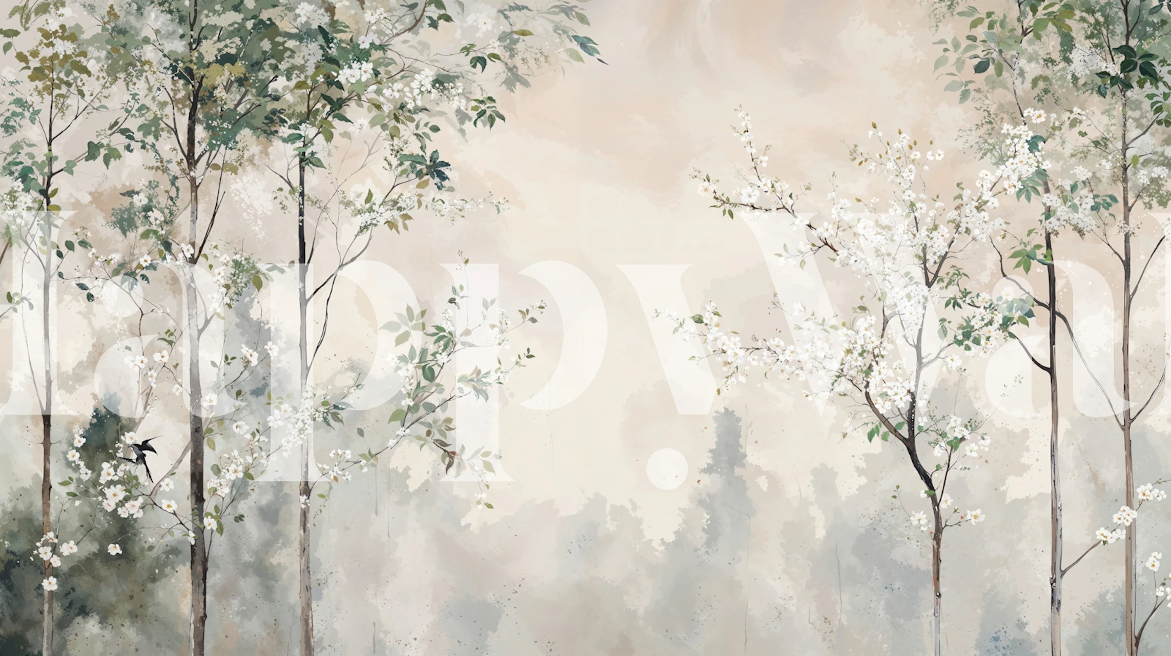 Misty blossom forest wallpaper in a soft room