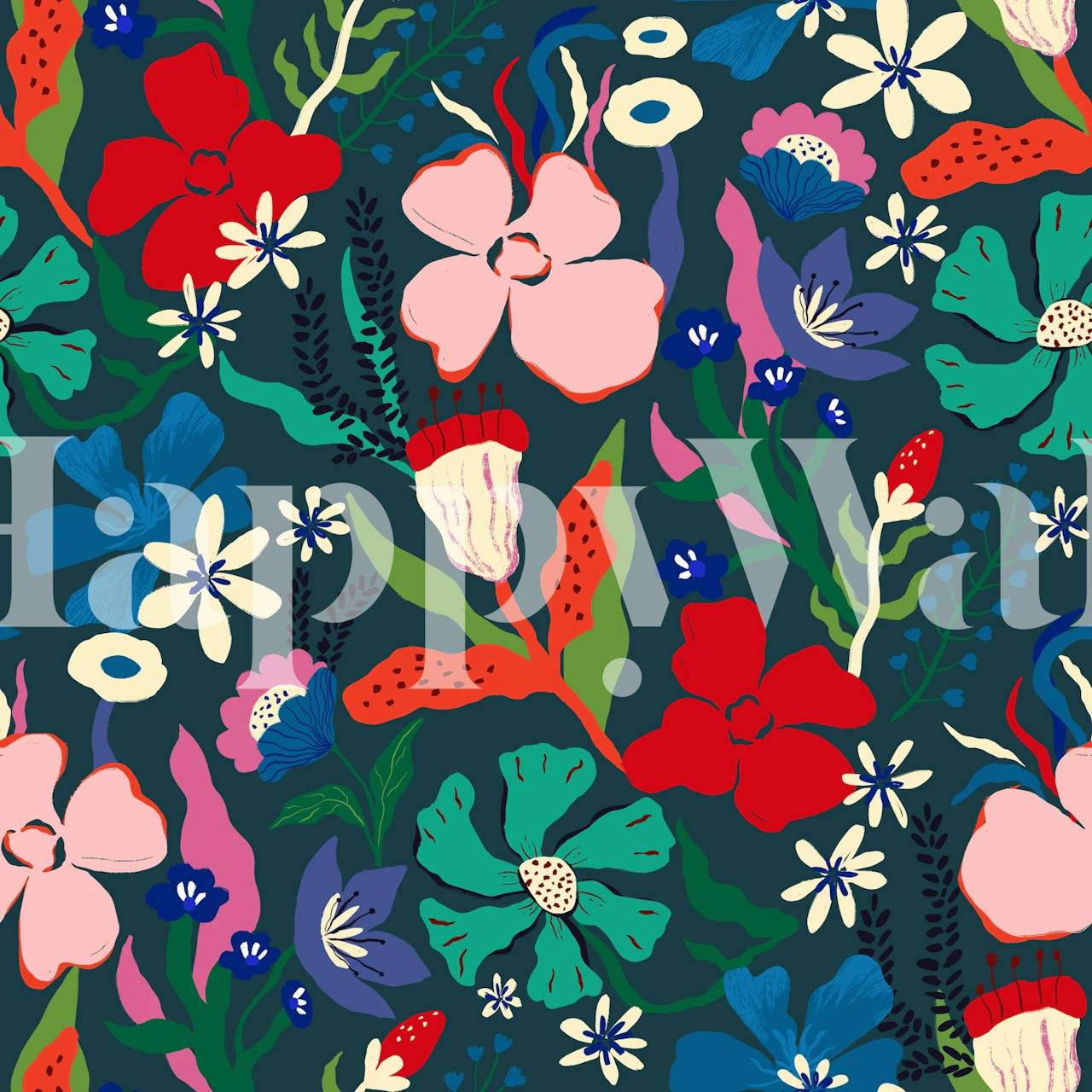 Dark teal floral wallpaper in a styled room
