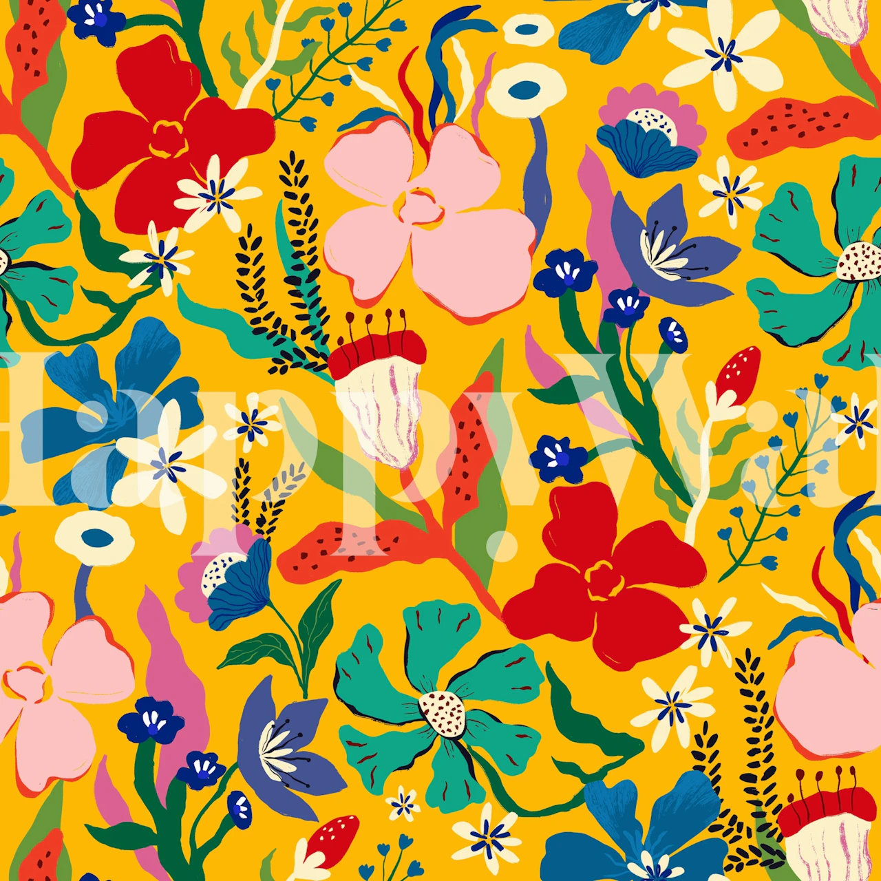 Bold floral mustard wallpaper in a colorful room