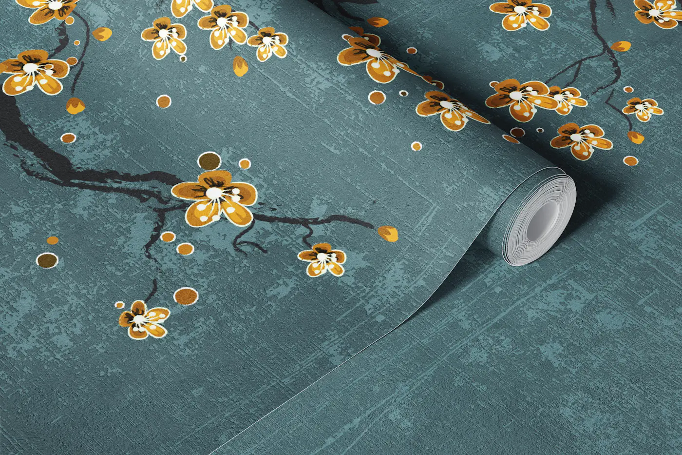 Cherry Blossom Teal Chinoiserie wallpaper roll