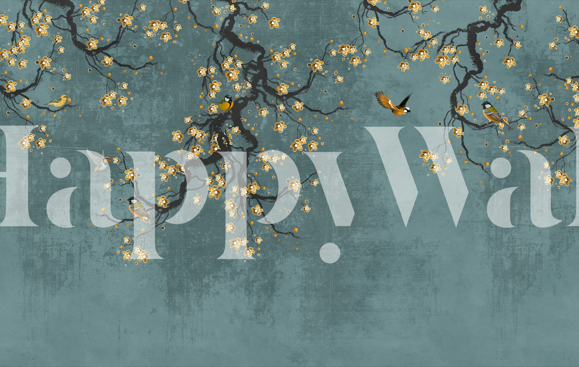 Teal chinoiserie wallpaper with cherry blossoms