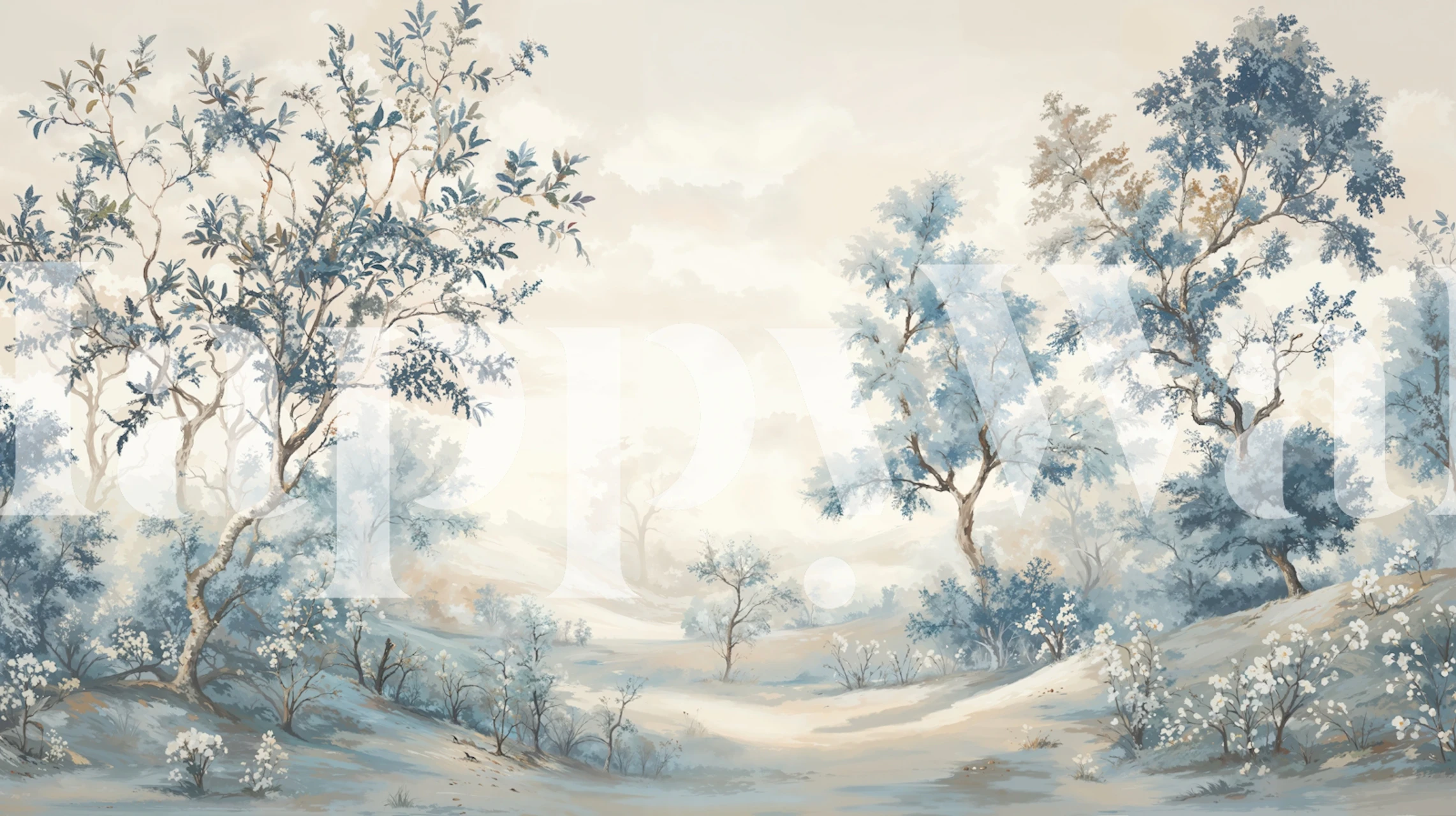 Misty blue forest wallpaper in a soft room setting