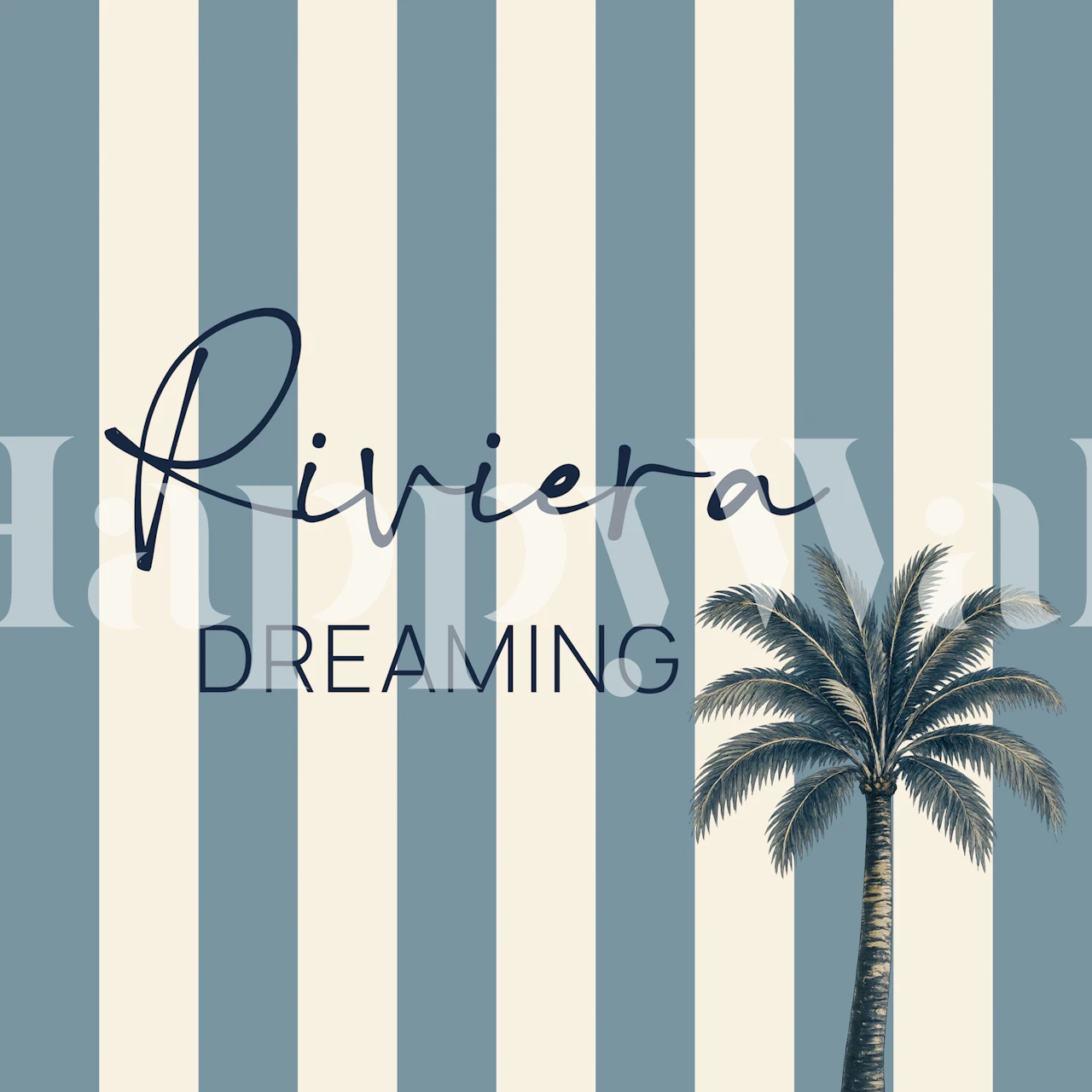 Palm tree quote wallpaper in blue striped room