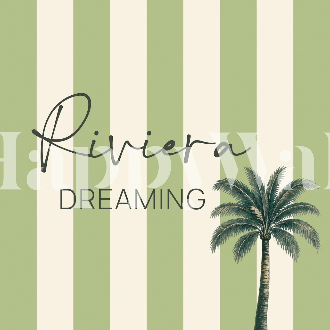 Sage striped Riviera quote wallpaper in a room
