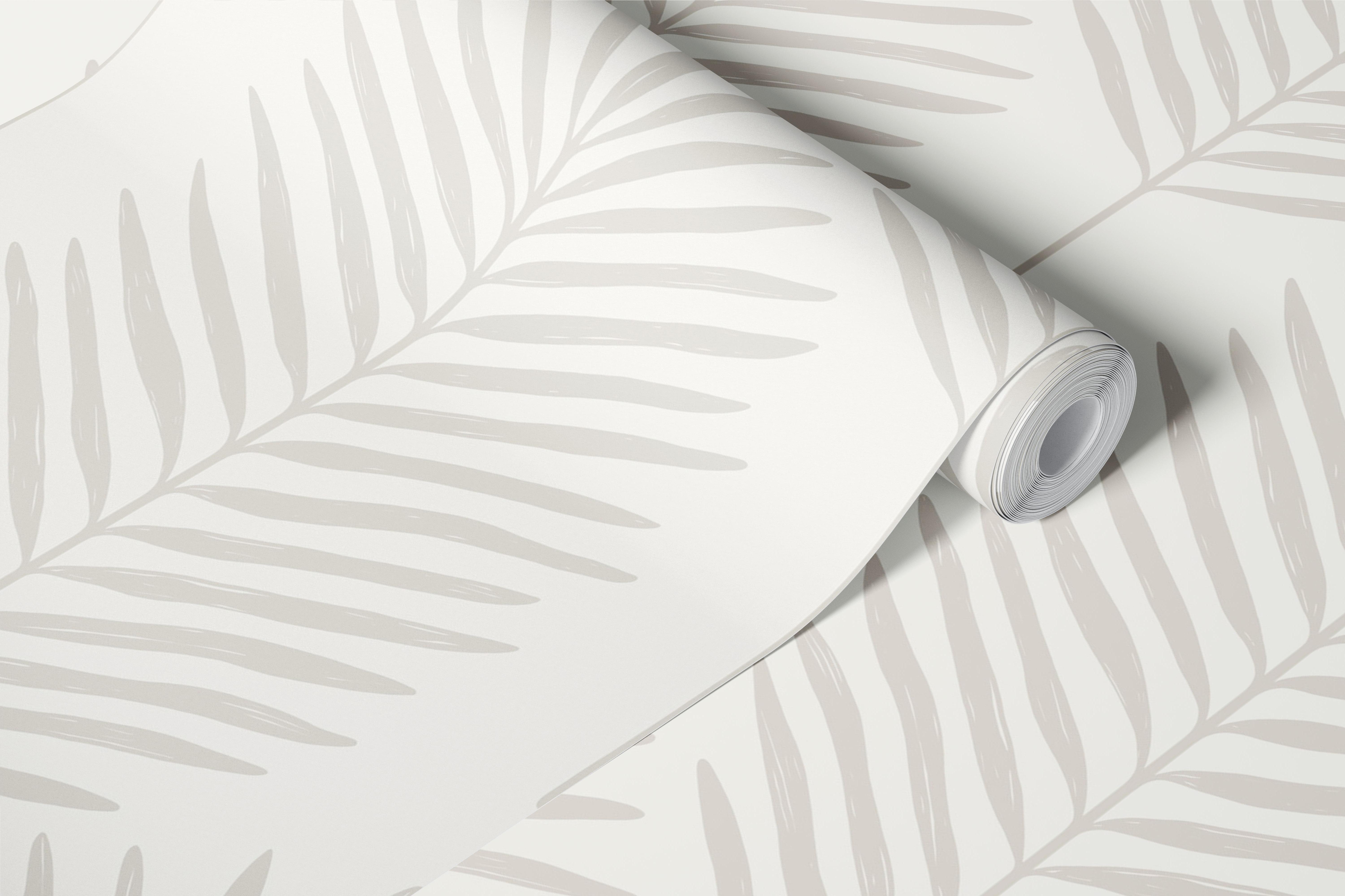 Beige palm frond wallpaper in a neutral room