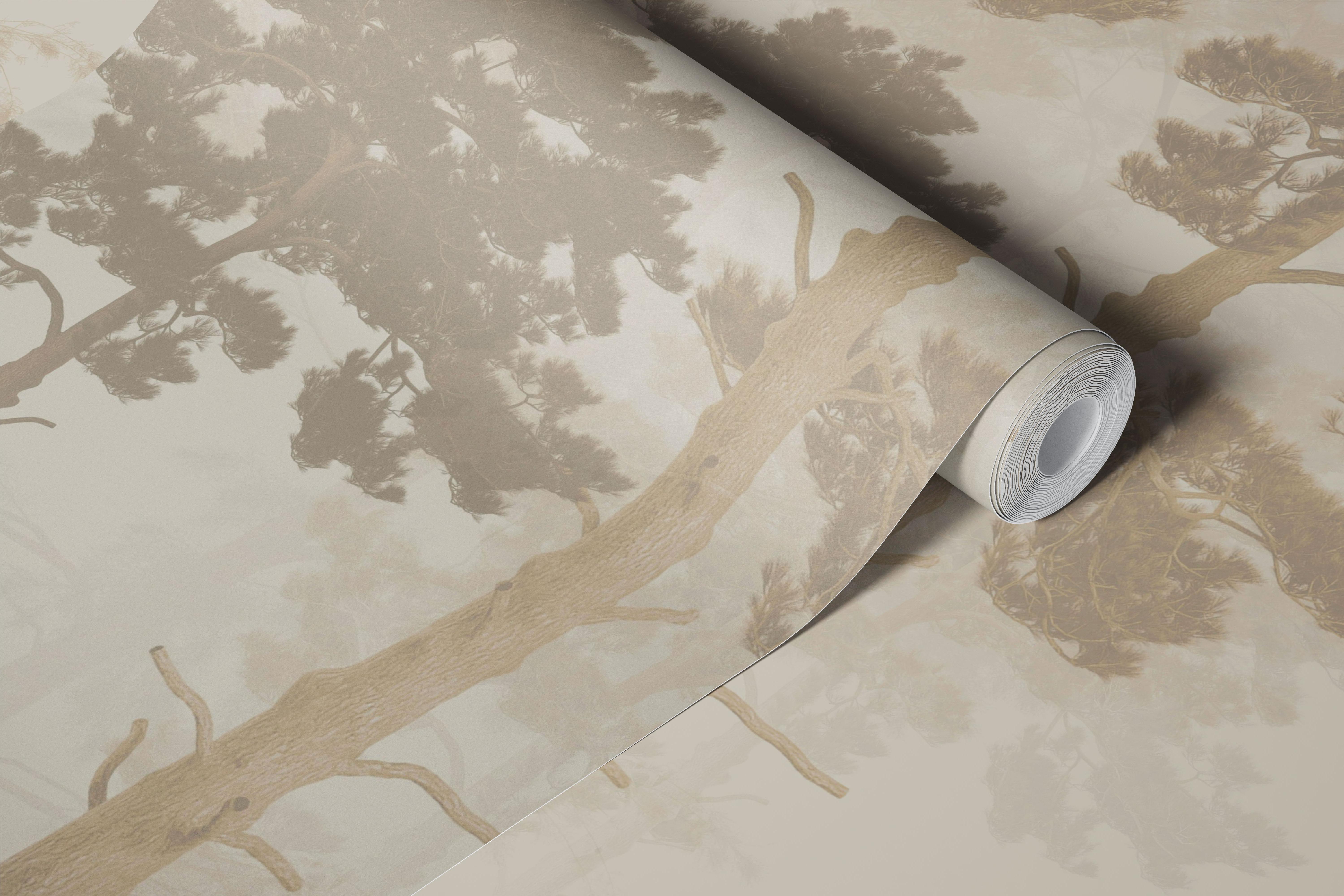 Beige vintage tree wallpaper in a neutral room