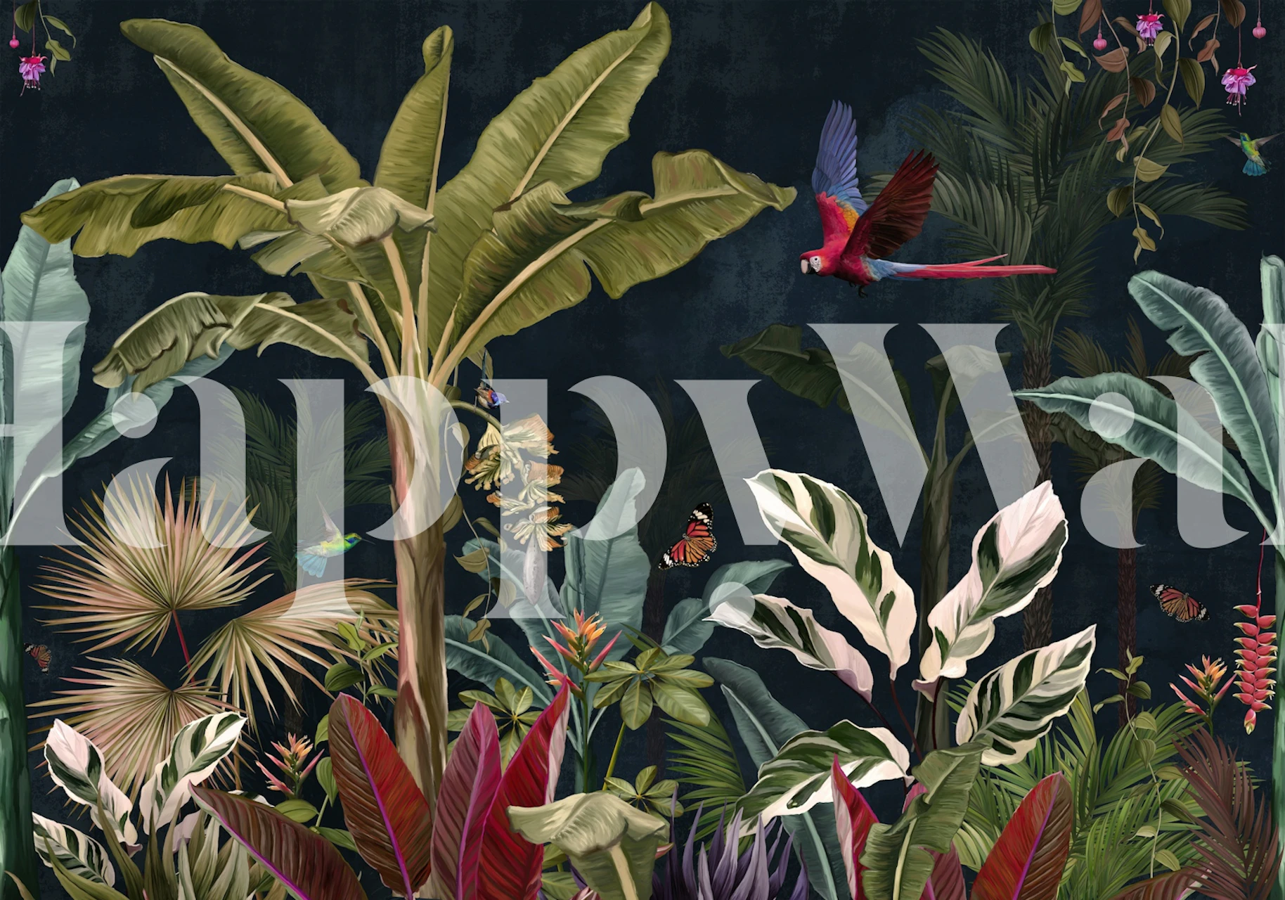 Dark tropical botanical wallpaper in a room