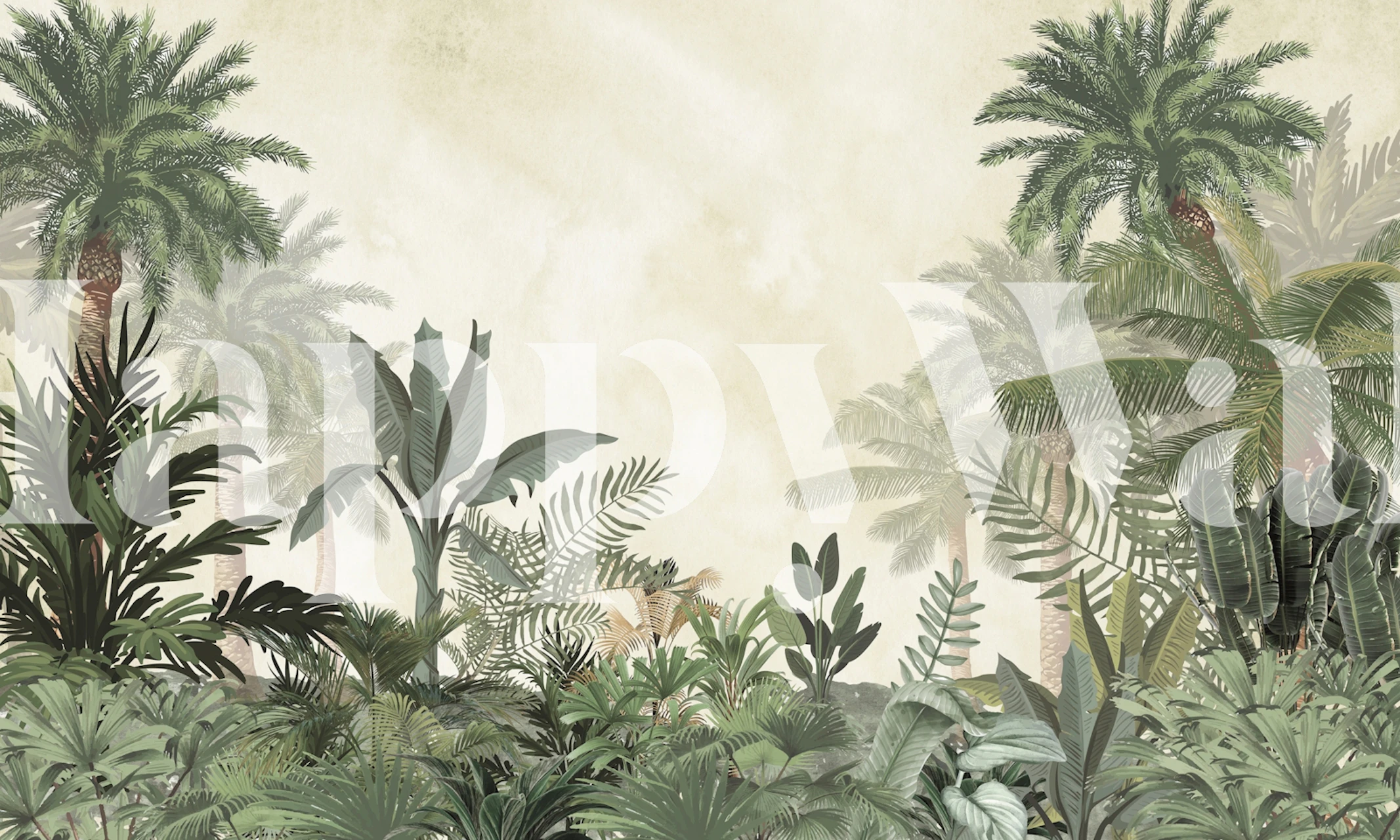 Muted tropical jungle wallpaper in a room