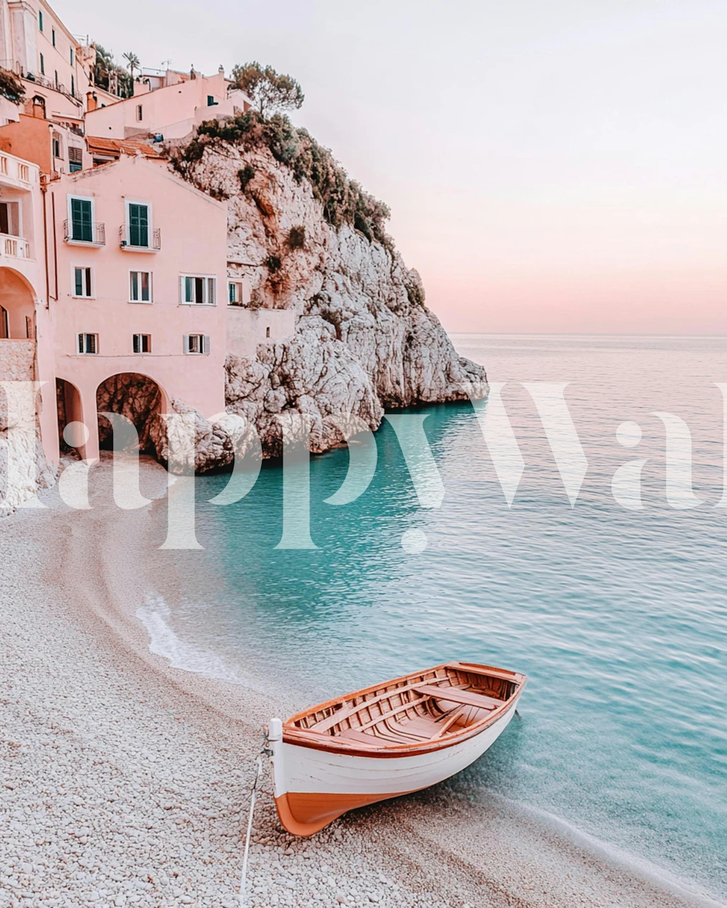 Coastal rowboat wallpaper in a pastel beach room