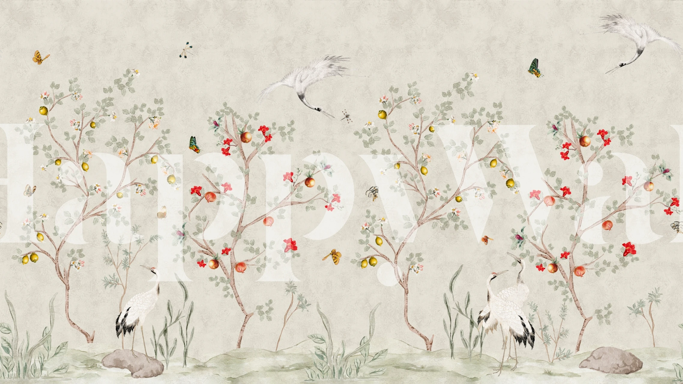 Chinoiserie crane wallpaper in a beige room