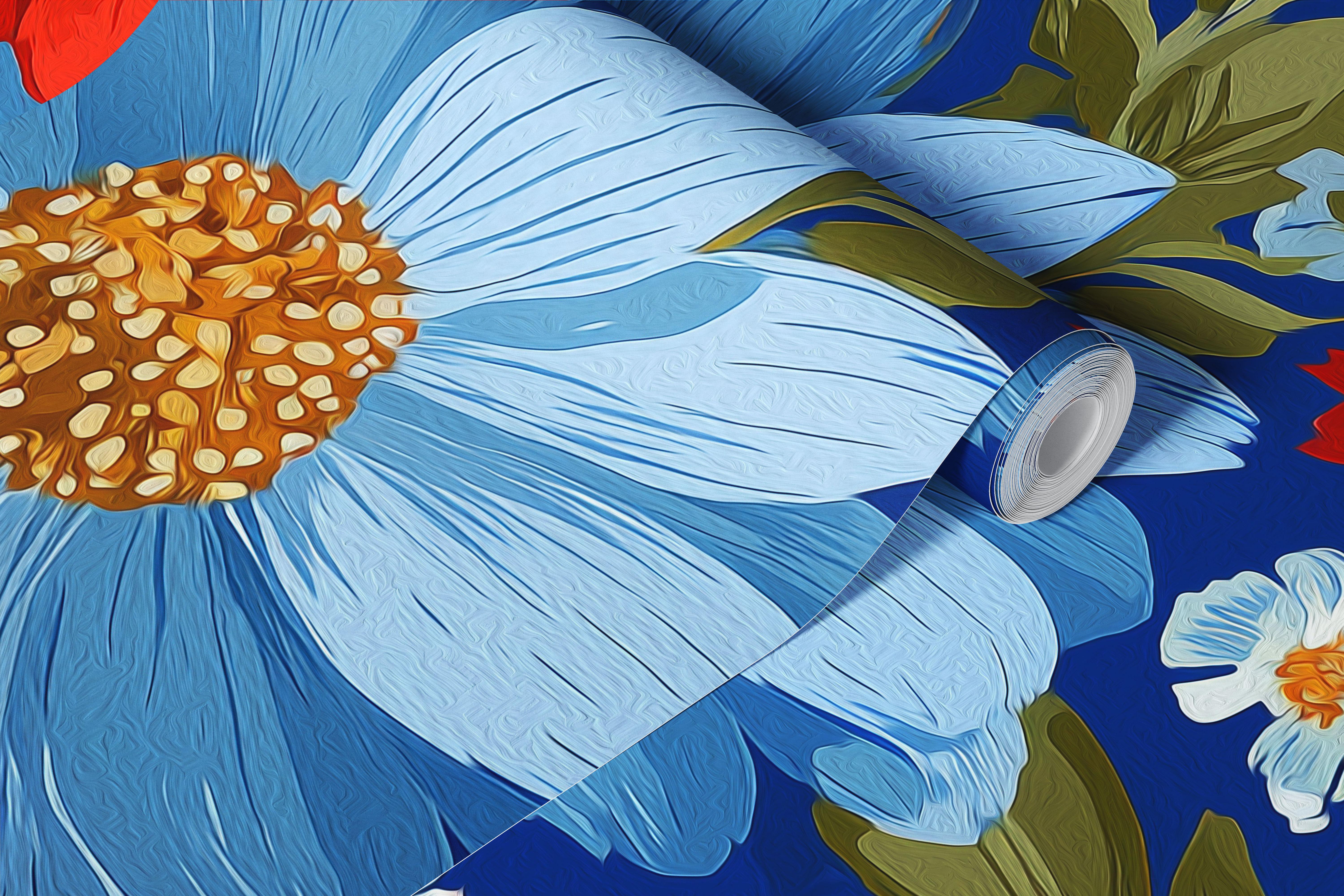 Blomstret tapet i rum med røde og blå blomster