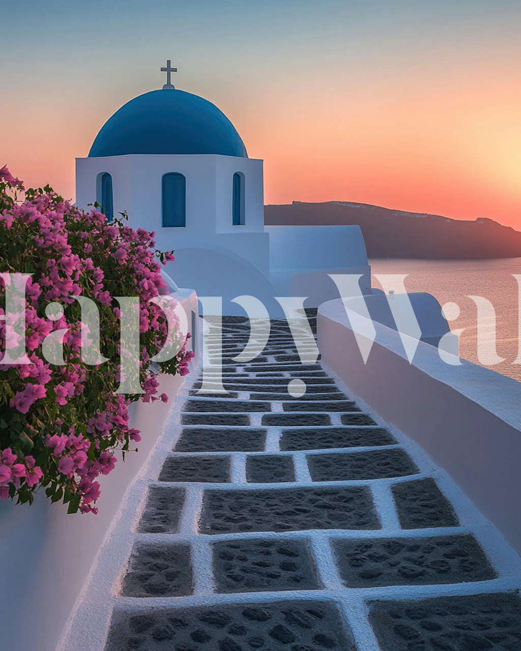 Santorini blue dome wallpaper in a room